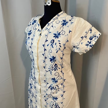 1960s Vintage Scandinavian Embroidered Linen Dress Blue White Cottage Scandi M 