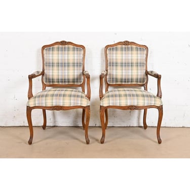 Ethan Allen French Provincial Louis XV Carved Cherry Wood Upholstered Fauteuils, Pair