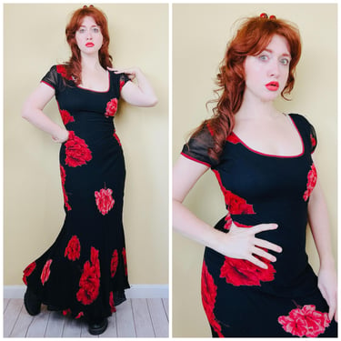 1990s Vintage Nostalgia Rayon Bias Cut Gown / 90s / Nineties Red and Black Romantic Maxi Dress / Size Small 