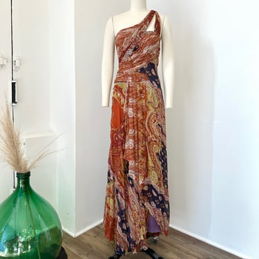 Vintage Y2K Dress / 2000s Diane Freis One Shoulder Paisley Silk Gown / Blue Orange ( S M ) 