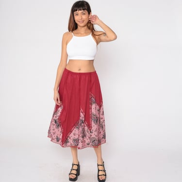 80s Summer Skirt Red Pink Paisley Midi Skirt Lace Trim High Waisted Boho Hippie Mixed Print Elastic Waist Vintage 1980s Extra Large L XL 