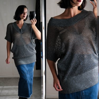 STELLA McCARTNEY Runway Gray Blue Sheer Metallic V Neck Draped Short Sleeve Sweater | Made in Italy | Cotton Blend | Y2K 2000s Designer 