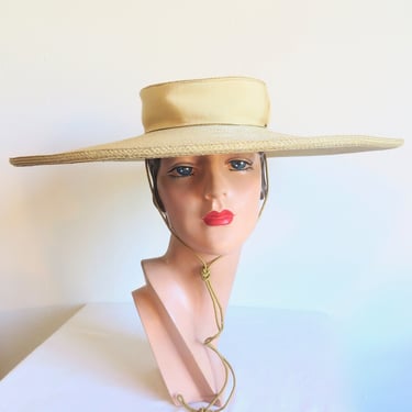 Patricia Underwood Creme Natural Straw Very Wide Brim Sun Hat Cartwheel Style Flat Top Shallow Crown Grosgrain Ribbon Trim 1990's 