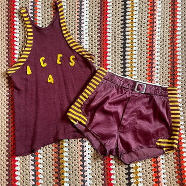1940s burgundy and yellow striped wrestling shorts and shirt, wrestling set, vintage size small 