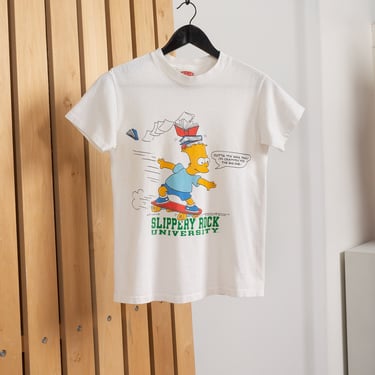 BART SIMPSON TEE Vintage White Cotton Simpsons Skateboard Slippery Rock University Graphic T-Shirt 90's / Extra Small Xs Xxs 