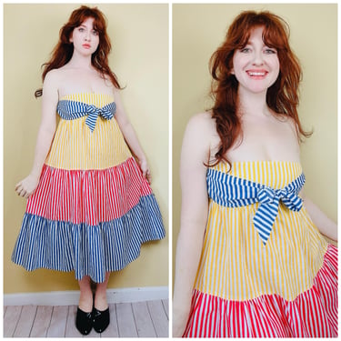 1980s Vintage Rainbow Striped Empire Waisted Dress / 80s Cotton Bandeau Tie Front Tiered Sundress / Small - Medium 