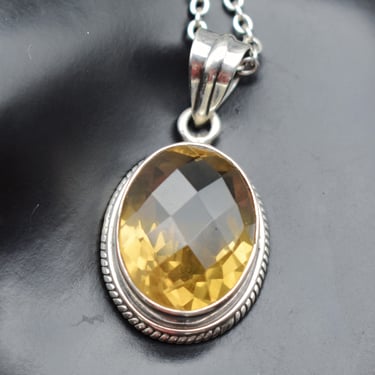 70's sterling golden brown oval spinel pendant, big simple faceted spinel 925 silver rolo chain necklace 