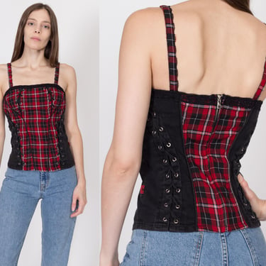 XS-Sm Y2K Tripp NYC Gothic Red & Black Plaid Top | Vintage Corset Lace Up Punk Tank 