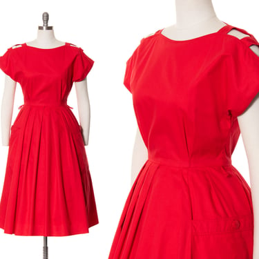 Vintage 1980s Dress | 80s does 50s Red Cotton Cage Shoulder Cutouts Fit and Flare Giant Large Pockets Full Skirt Day Dress (small) 
