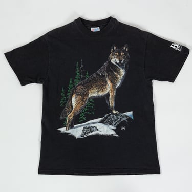 90s Black Wolf T Shirt - Medium | Vintage Graphic Animal Tee 