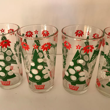 Vintage Set of (4) Merry Christmas Happy New Year Holiday Glass Hazel Atlas- 10 oz 