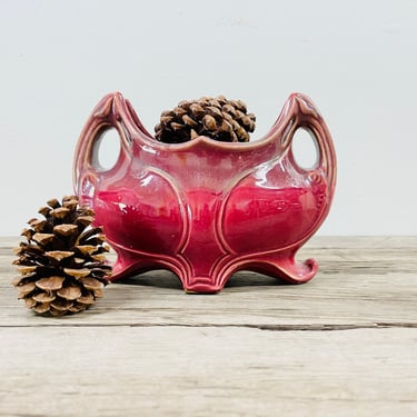Mid Century Scalloped Dark Red Maroon Cranberry Planter | Handles | Ceramic | Footed | Bowl | Dish | Oval | Mid Century | Fall Winter Decor 