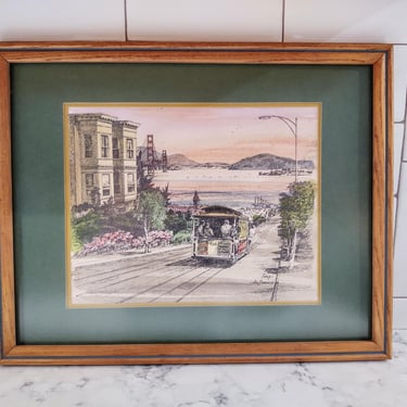 Vintage 12 x 15 Framed San Francisco Scene Art by "Fong" San Francisco Bay 