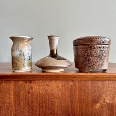 Collection of vintage pottery in neutral tones / handmade signed ceramic vases and lidded box 