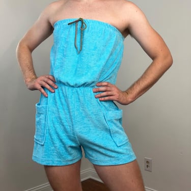 80s Light blue terry cloth roller skate romper with rainbow tie 