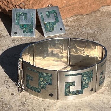 Vintage Mexico Sterling Silver and Stone Inlay Mod Wide Panel Bracelet and Earrings Set 