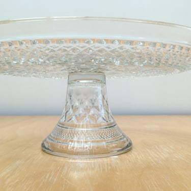Vintage Clear Glass Cake Stand with Diamond Patterning, 14" Footed Pedestal Dessert Serving Platter, Brunch Buffet & Wedding Decor 