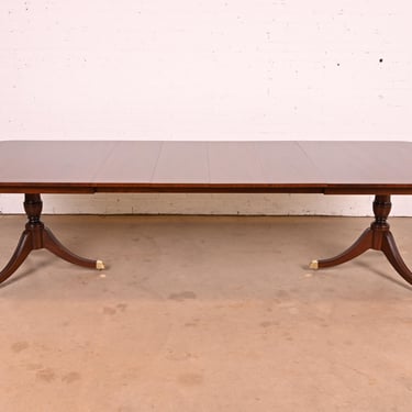 Kindel Furniture Georgian Mahogany Double Pedestal Extension Dining Table, Newly Refinished