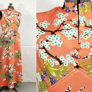 Vintage Hostess Dress Peach Asian Motif Japanese Style Japan 1960s Purple Green Floral Sleeveless Maxi Cherry Tree Blossoms 60s Large 