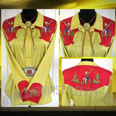 Double D Vintage Retro Western Women's Cowgirl Shirt, Rodeo Blouse, Embroidered Cowgirls & Cactus Designs, Tag Size Medium (see meas. photo) 
