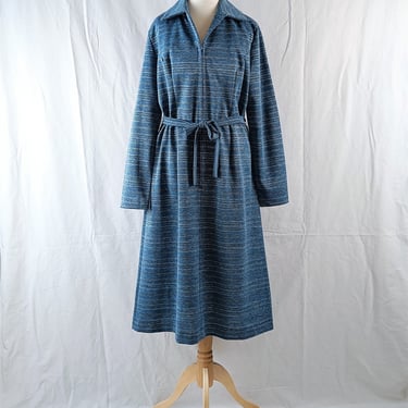 Vintage 1970s Ice Blue & Metallic Silver Midi Dress - Striped Pattern with Dagger Collar - Size M 