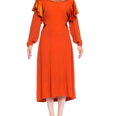 1930S Burnt Orange Rayon & Silk Crepe Satin Long Sleeve Dress With Adjustable Waist Sash Handmade Neckline, XL 