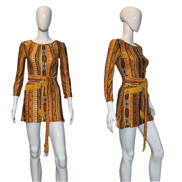 1960's Orange and Yellow Mini Dress with Fringy Waist Size XS