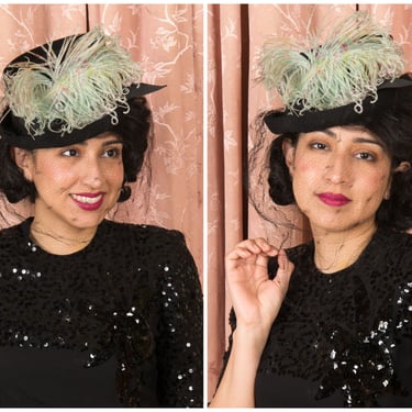 1940s Hat - Vintage 40s Top Hat Toque with Splatter Dyed Ostrich Plume 