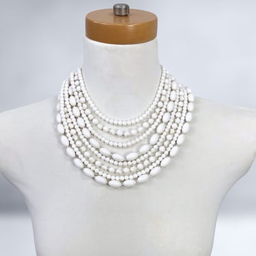 VINTAGE 50s White 8 Strand Beaded Necklace Choker JAPAN | 1950s Mid Century Statement Bib Necklace | VFG 