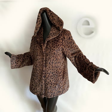 Size Large Leopard Faux Fur Hooded Swing Coat • Cheetah Animal Print Jacket • Y27 Vintage Rockabilly Pin Up Hippie Boho Bell Sleeve Hoodie 