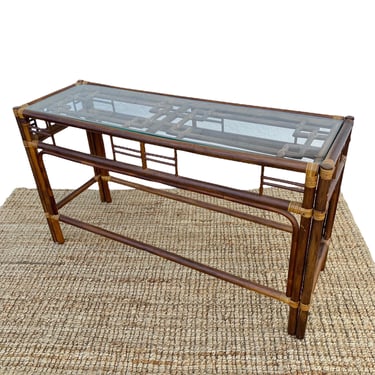 Vintage Rattan Console Table with Fretwork & Glass Top - Coastal Boho Chic Hollywood Regency Bamboo Furniture 