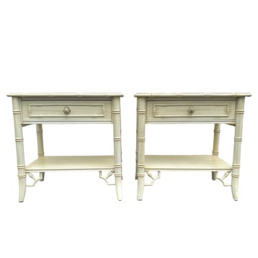 Set of 2 Faux Bamboo Nightstands FREE SHIPPING Vintage Thomasville Allegro Fretwork Hollywood Regency Coastal End Tables 