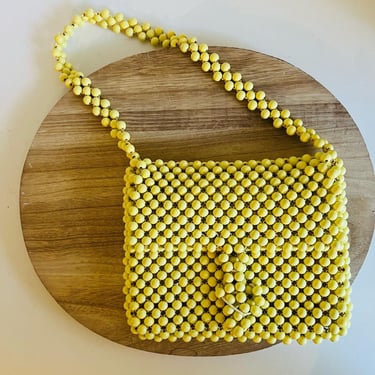 Vintage 1970s Mod Hippie Yellow Beaded Sheer Flap Closure Shoulder Bag 