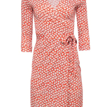 Diane von Furstenberg - Orange w/ Cream Leaf Print Wrap Dress Sz 2