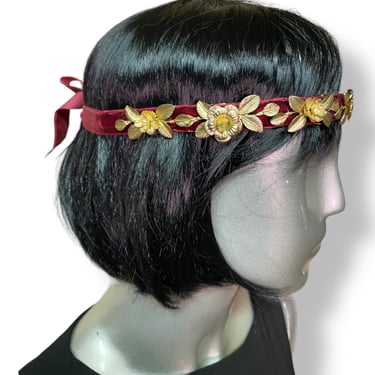 Vintage Brass Flower Headband with Red Velvet 
