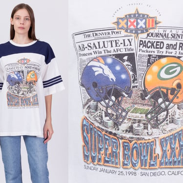 Large Vintage 1998 Super Bowl Xxxii Newspaper Print T Shirt Men's | 90s NFL Football Newspaper Graphic Unisex Tee 