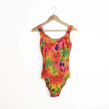 Vintage 90s Tropical Print One Piece Bathing Suit Size M 