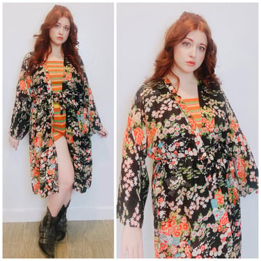 1970s Vintage Acetate Cherry Blossom Robe / 70s / Seventies Kimono Inspired Homemade Dressing Gown / One Size 