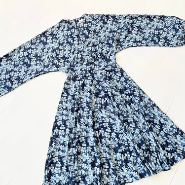 1980s Blue Floral Print Cotton Dress 