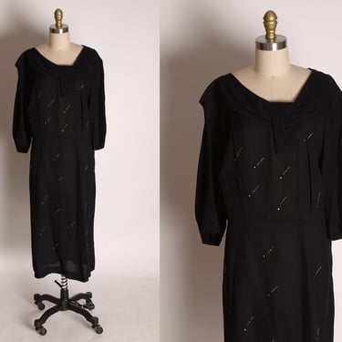 1940s Black with Gold Tone Metal Embellishments and Rhinestone Details Short Sleeve Formal Dress by Gloria Swanson -2XL 