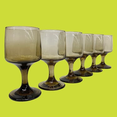 Vintage Wine Glasses Retro 1970s Mid Century Modern + Tawny Accent + Smoked + Brown Glass + Set of 6 + MCM Barware + Drinking + Kitchen 