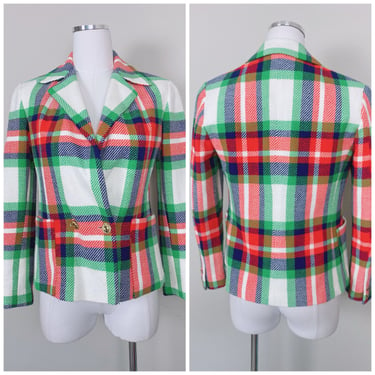 1970s Vintage Acrylic Green and Red Plaid Blazer / 70s / Seventies Double Breasted Button Up Jacket / Size Small - Medium 