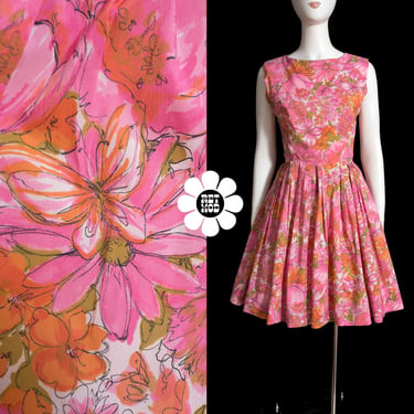WOW Gorgeous Vintage 50s 60s Pink Floral Vera Neumann Style Fit & Flare Dress 