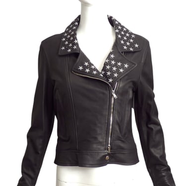 STEFANO LORENZI- NWT Black Embroidered Leather Moto Jacket, Size 6