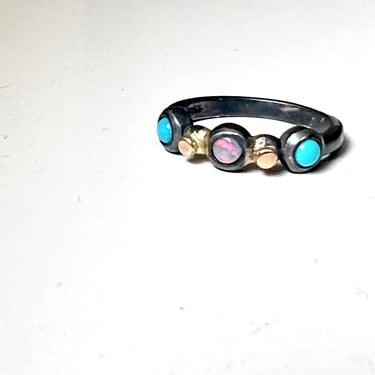 Black and Gold Turquoise and Opal Ring Band Pebble Bezels Blackened Silver and 14k Gold Pebbles 