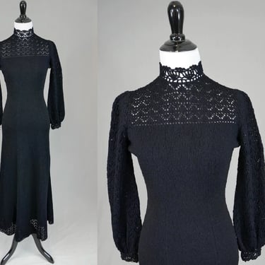 70s Black Knit Dress - High Collar - Picardo Knits - Vintage 1970s - S 