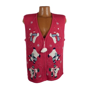 Ugly Christmas Sweater Vintage 1980s Tacky Holiday Snowmen Vest Party Women's size L 
