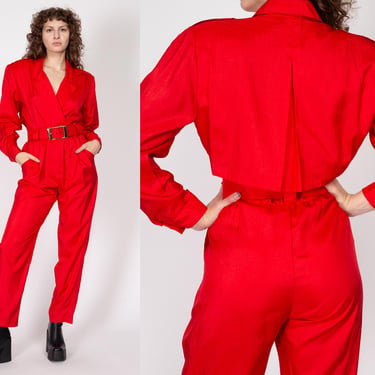 Med-Lrg 80s Bright Red Belted Windbreaker Jumpsuit | Vintage Collared Tapered Leg Long Sleeve Pantsuit Outfit 