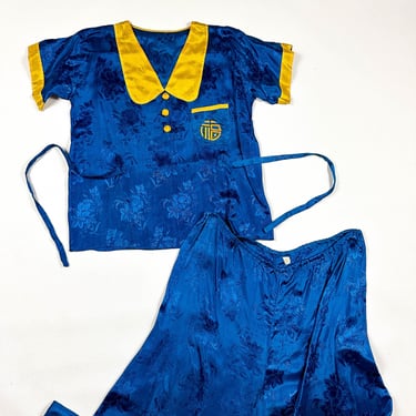 Vintage Blue and Yellow Beach Pajamas / Rayon / Peter Pan Collar / Damask / Medium / Asian / As Is / Antique / Set / Lounge / Boudoir / 