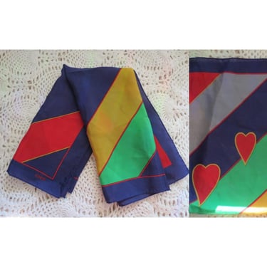 Vintage Rainbow Hearts Scarf - Polyester 1980s 80s Square Scarf by Echo 